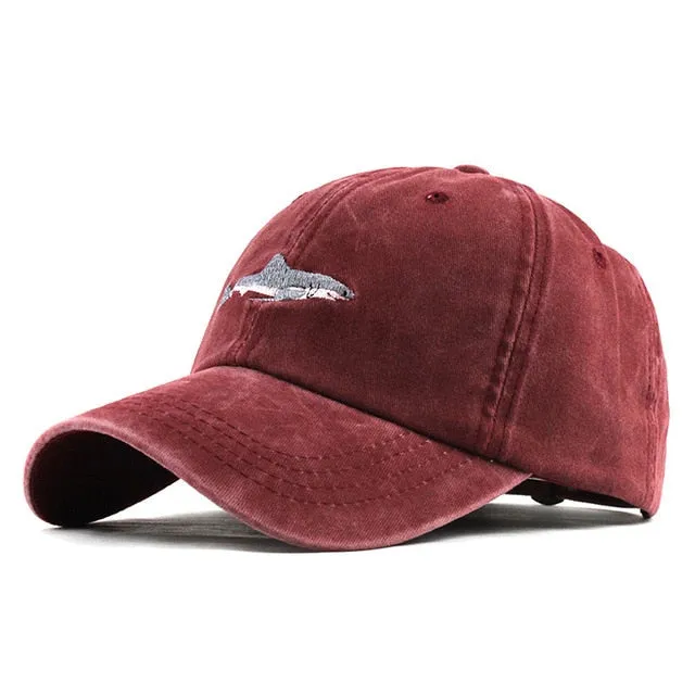 100% Washed Cotton Shark Embroidered Snapback Baseball Cap