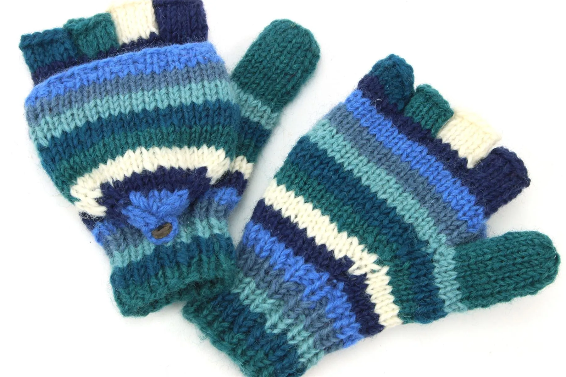 Hand Knitted Wool Shooter Gloves - Stripe Blue