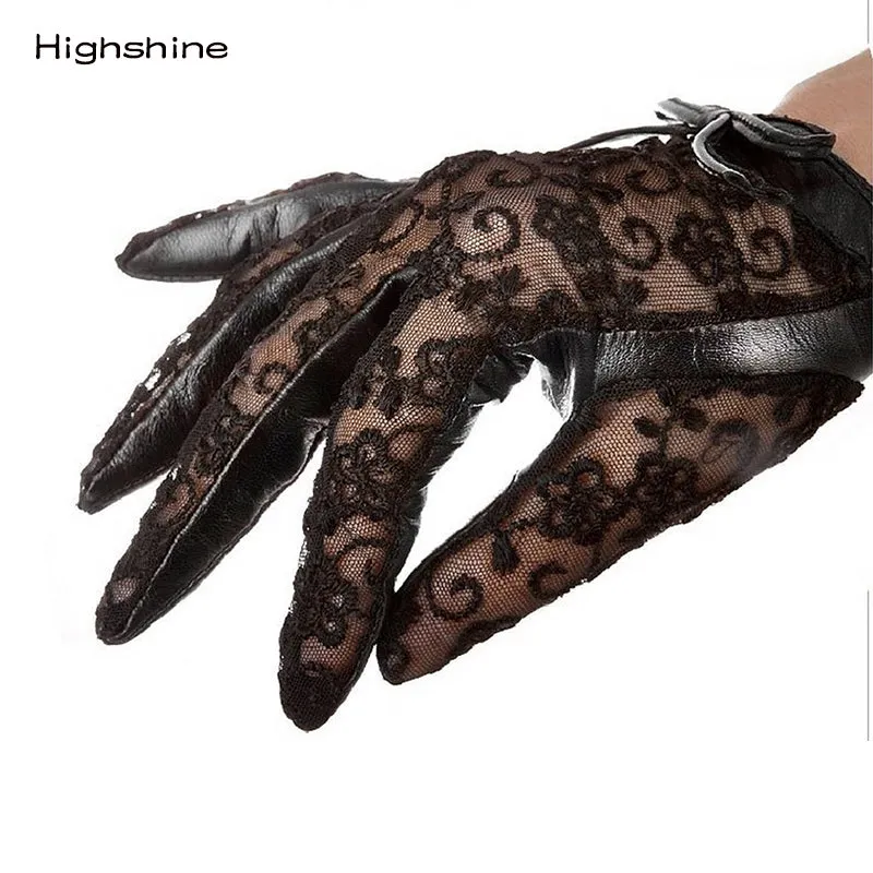 HIGHSHINE Woman Summer Elegant Lace  Back Bow With Wrist Button Italian Napa Lamb Leather Car Driving Gloves