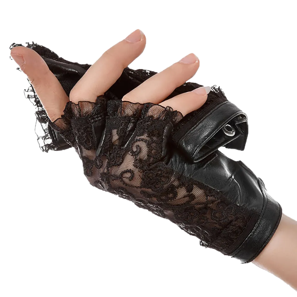 HIGHSHINE Women Genuine Leather Lace Half Finger Driving Gloves Dancing