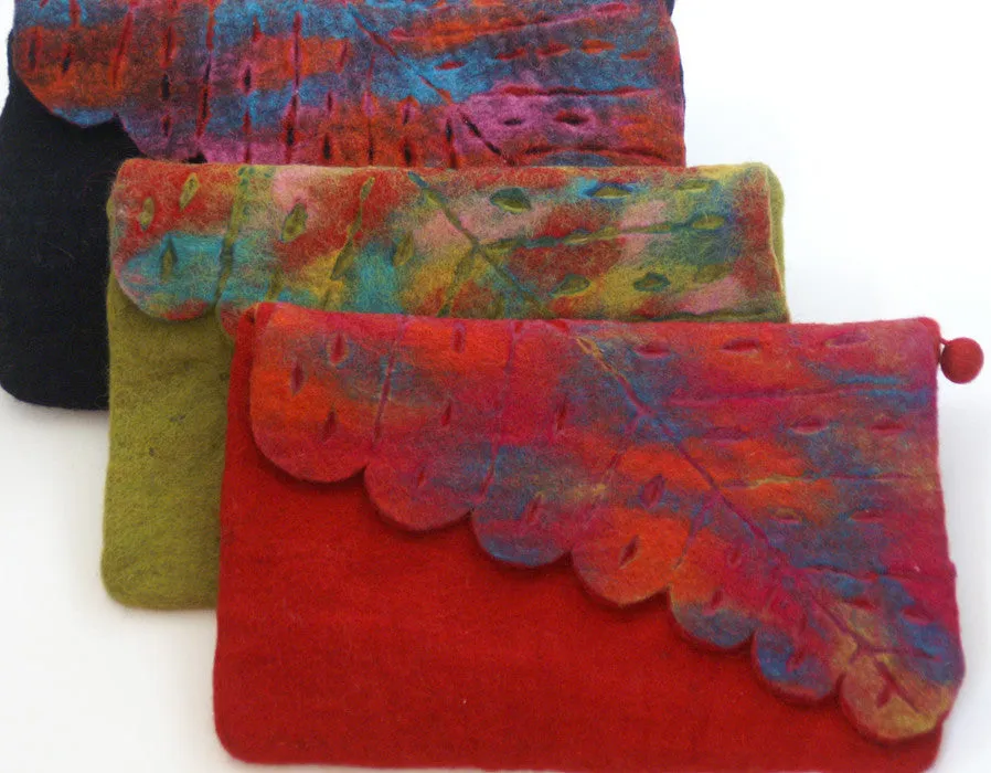 Nuno Felted Wool Leaf Clutch Bag One-Of-A-Kind Handmade|Teal, Black, Red, Chartreuse