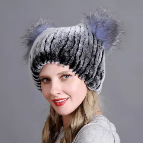 Rex rabbit fur hat ladies winter thickening warm ear protection cold cat ear hat