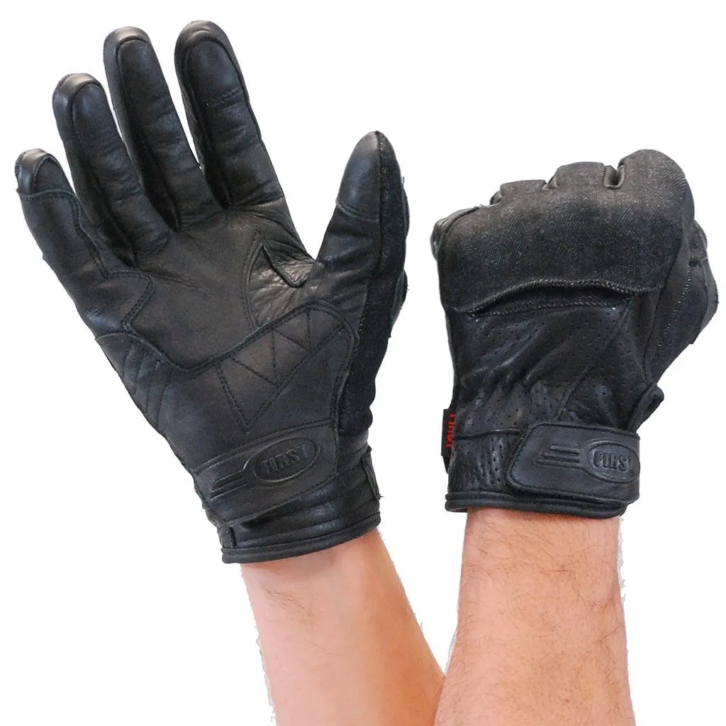 Touch Screen Leather / Denim Hard Knuckles Gloves w/Venting #GC2020VK