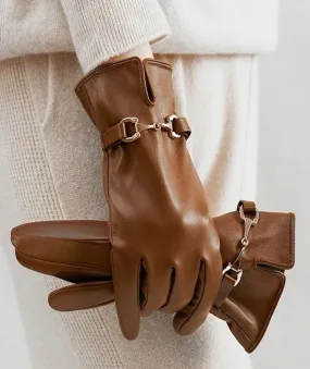 Winter Leather Gloves Women PU Leather Gold Buckle